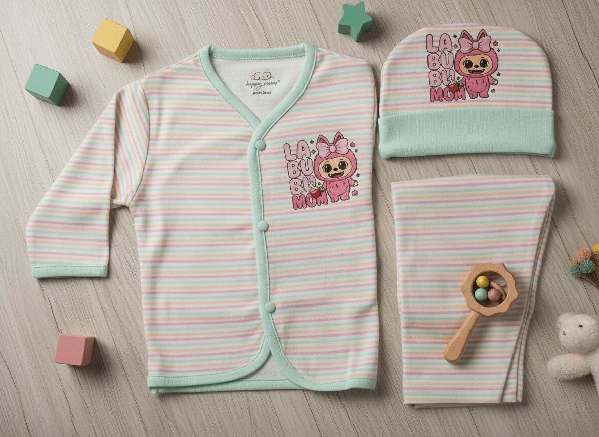 "Labobo MoM" Print Imported Cotton Light Green Striped Baby Outfit Set with Cap.
