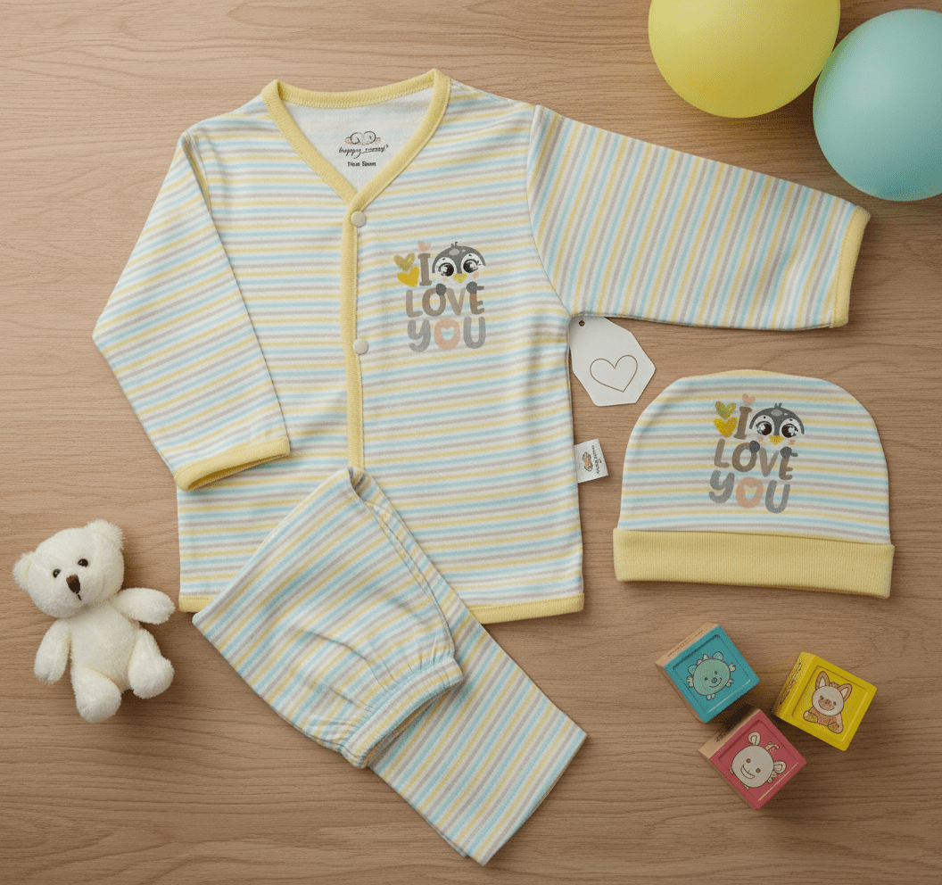 "I Love You" Print Imported Cotton Light Green Striped and Yellow Trim Baby Outfit Set