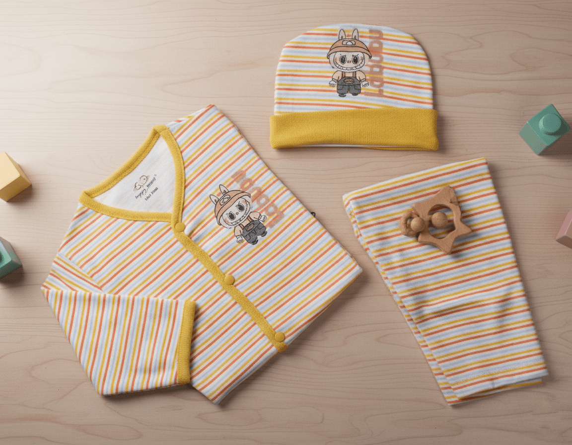 "Labubu" Print Imported Cotton Yellow Striped Baby Outfit Set with Cap.