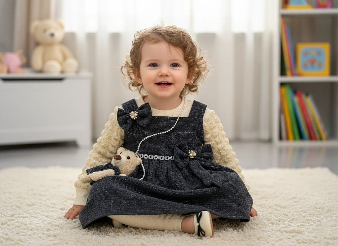 Sophisticated Charcoal Teddy: Sparkle Dress, Textured Blouse & Legging Trio Set