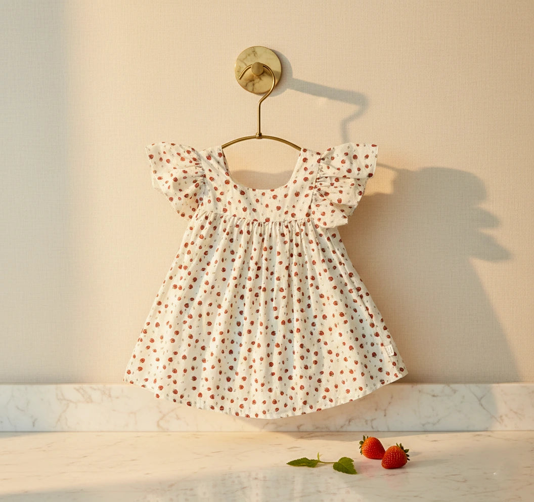Luxury Flutter-Sleeve Strawberry Print Sun Dress