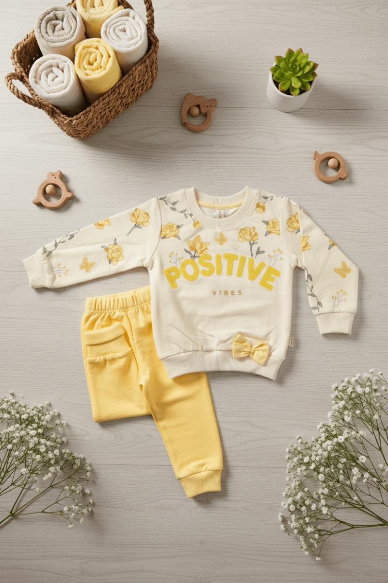 Toddler Girls Premium Yellow Outfit Floral Print & Solid Joggers