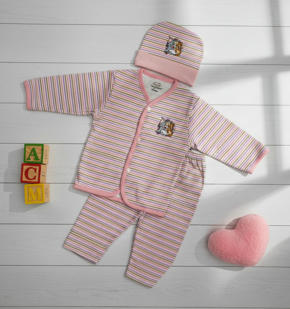 "Tom & Jerry" Print Imported Cotton Purple Striped Baby Outfit Set with Cap.