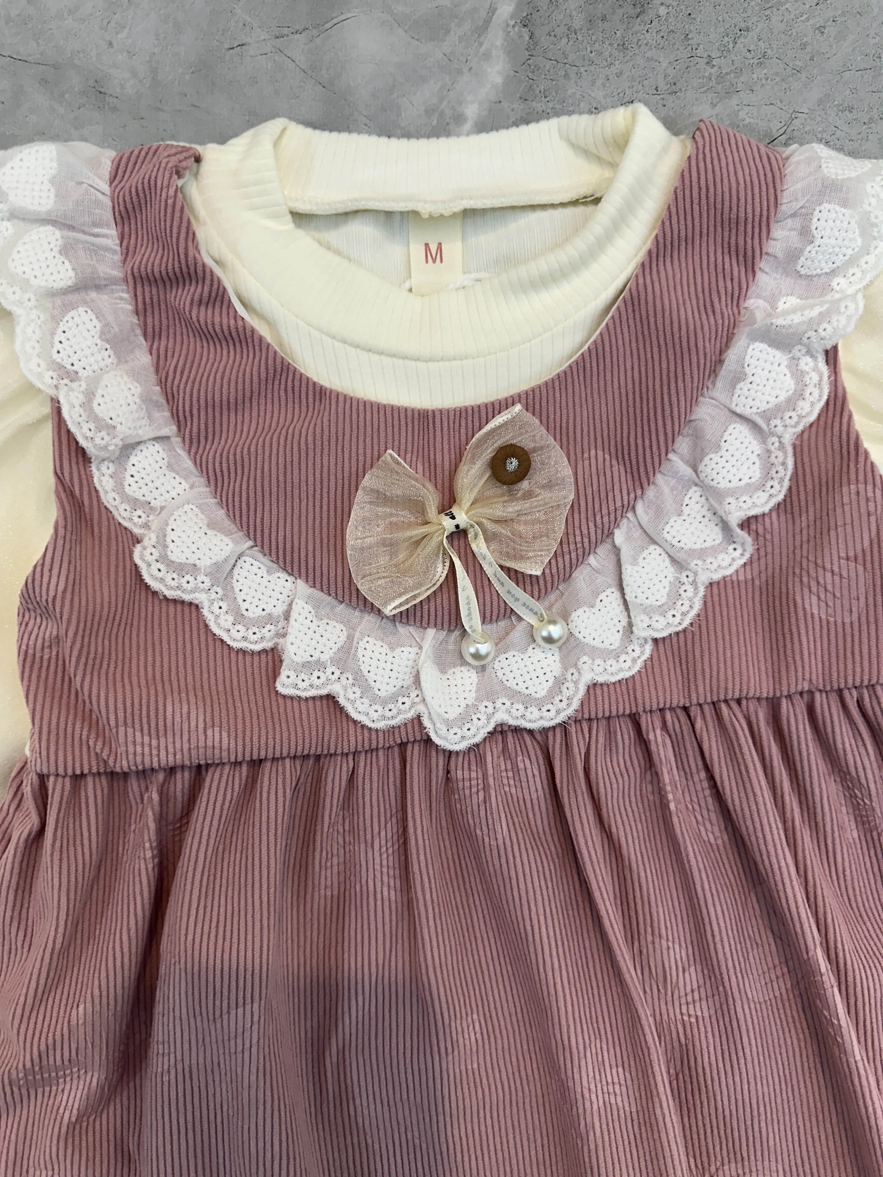 Lace & Bow Corduroy Frock with Chiffon Sleeves