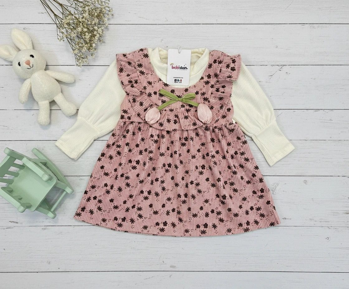 Imported Two-in-One Corduroy Frock with Ruffled Bib