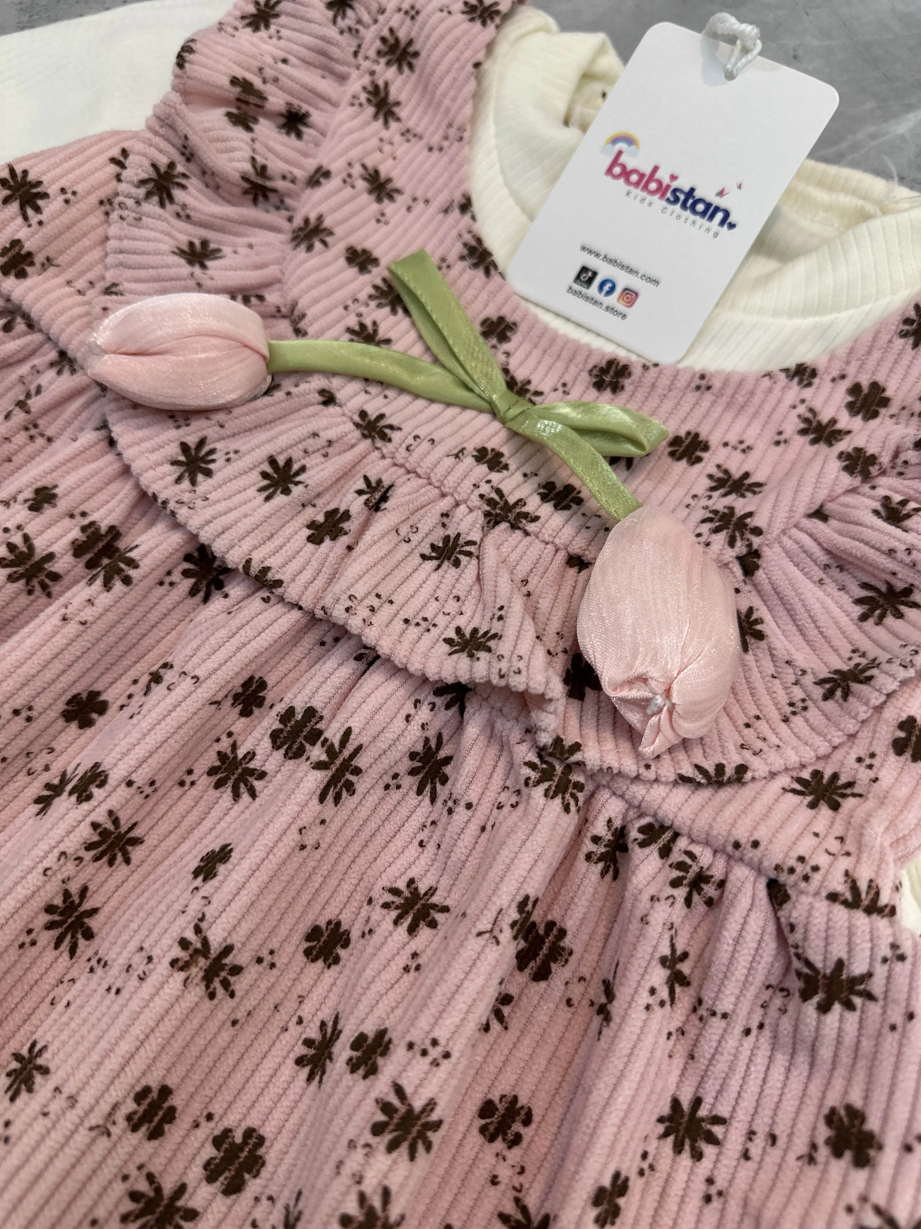 Imported Two-in-One Corduroy Frock with Ruffled Bib