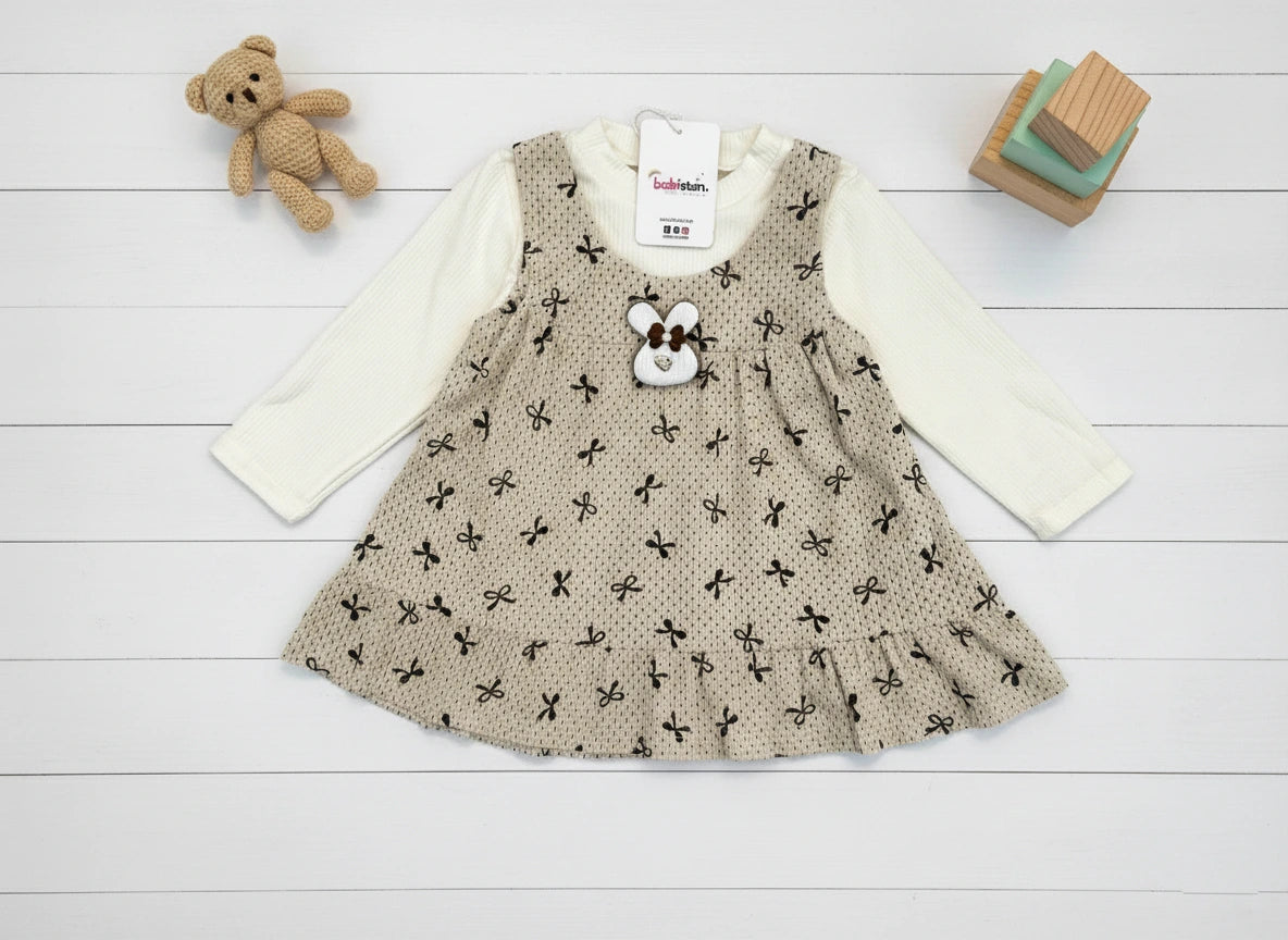 Imported Two-in-One Frock with Attached Ribbed Top - Bear Appliqué & Bow