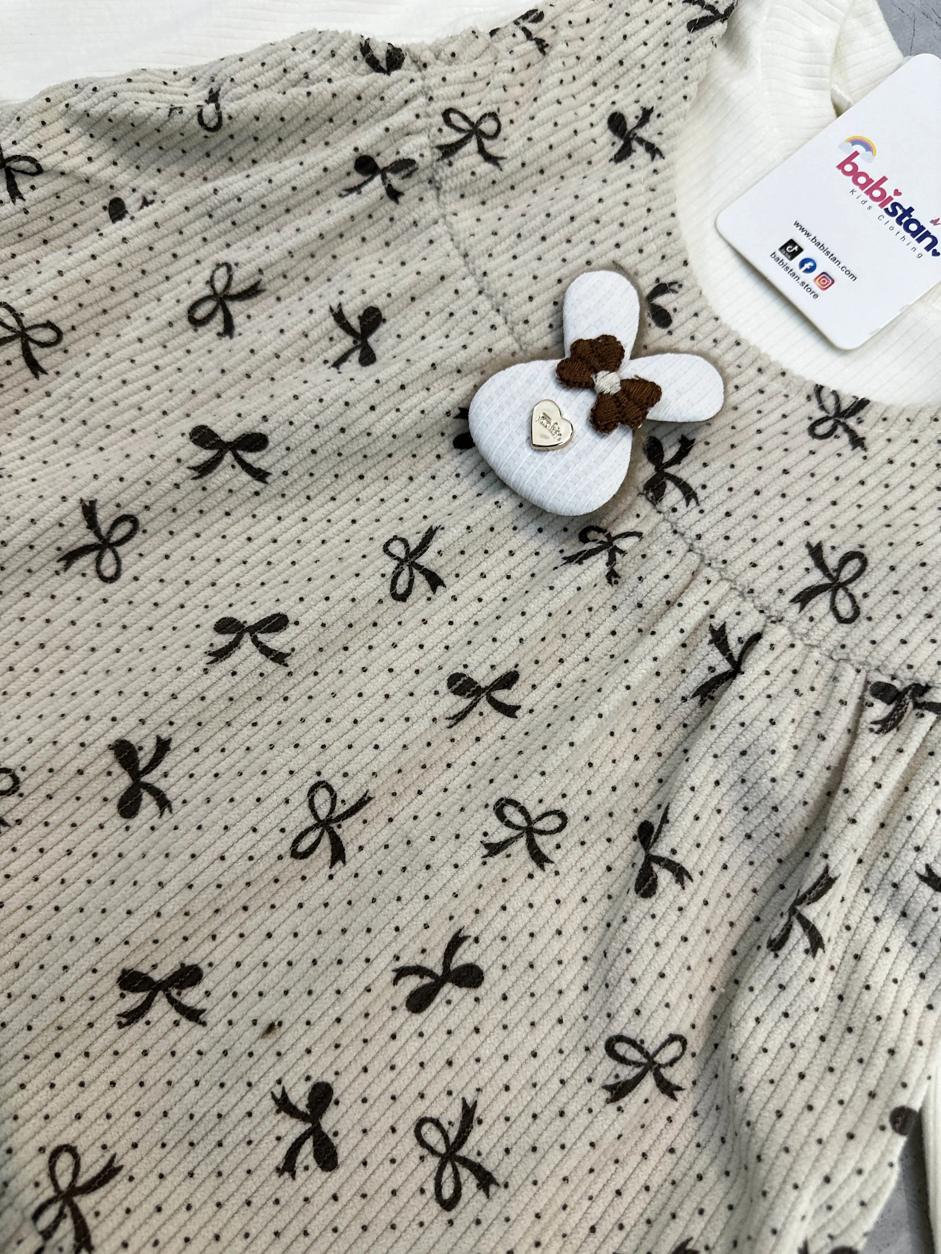 Imported Two-in-One Frock with Attached Ribbed Top - Bear Appliqué & Bow