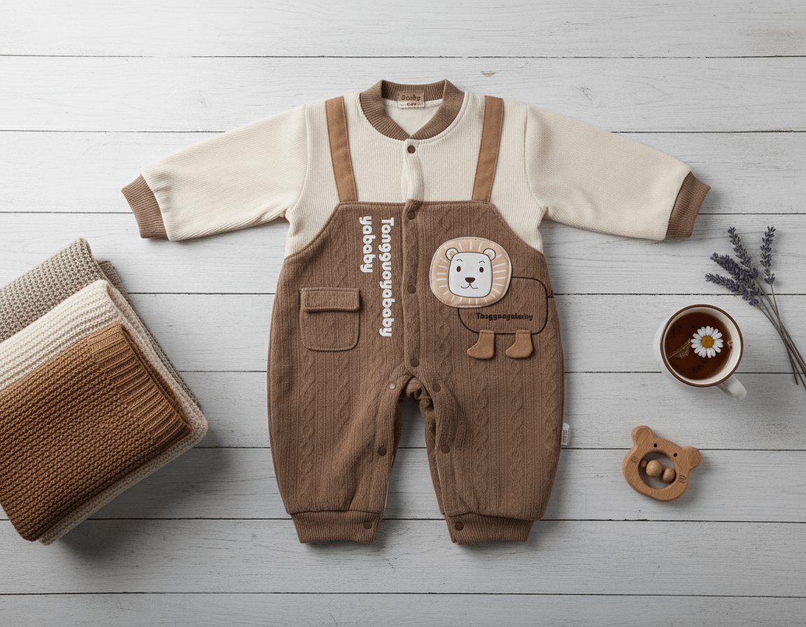 Warm Wool-Blend Brown and Cream Lion Imported Baby Jumpsuit