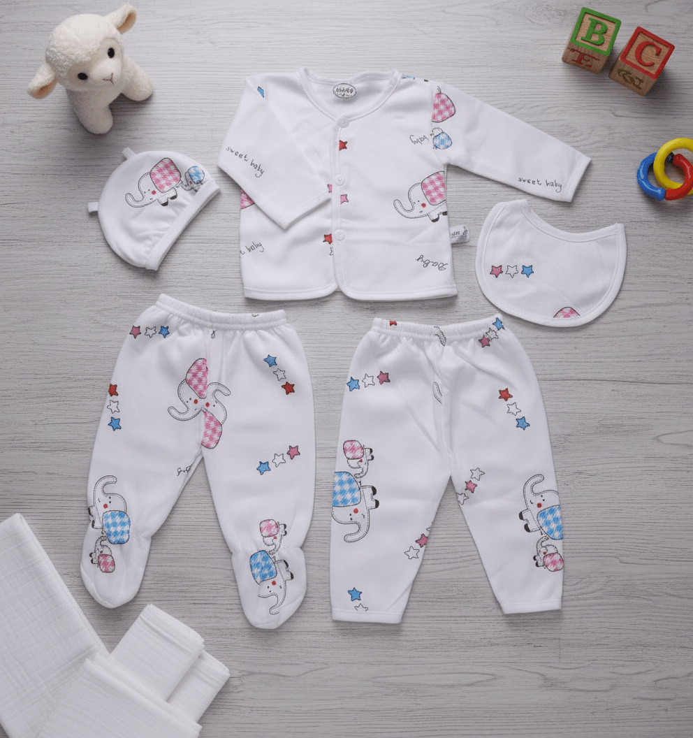5 Pieces White "Elephant" Print Premium Cotton Baby Set