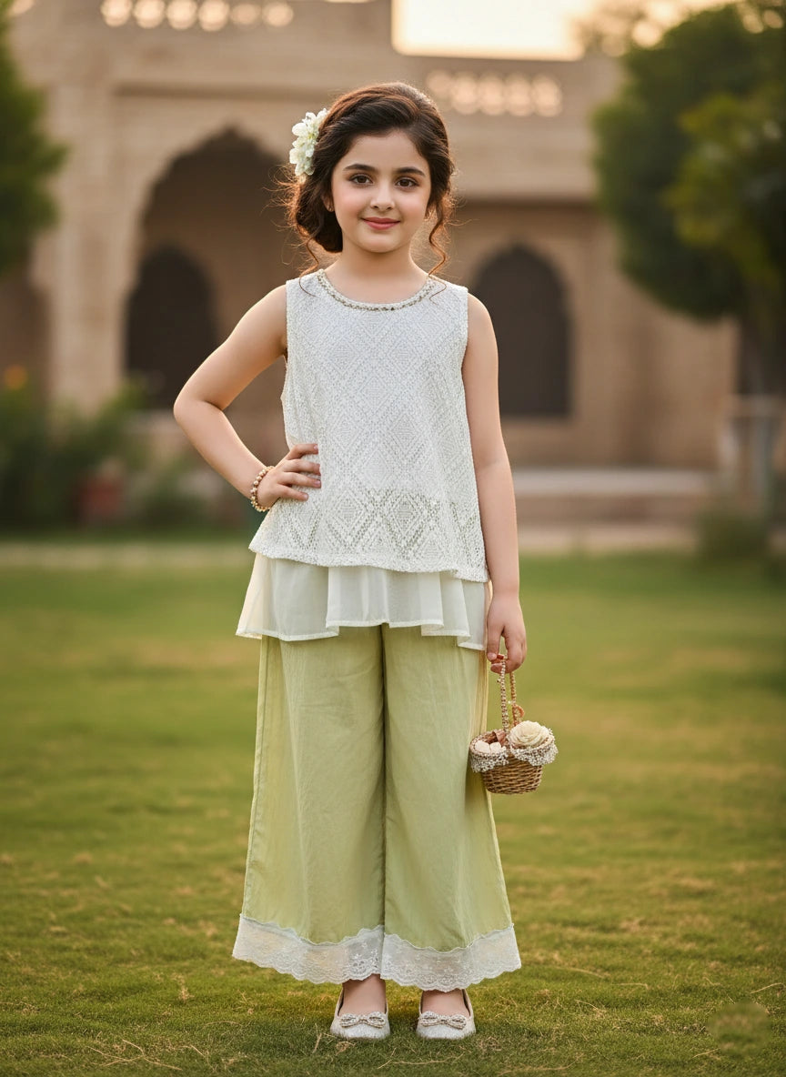 Premium Imported Elegant Crochet-Lace Top & Sage Wide-Leg Trouser Set