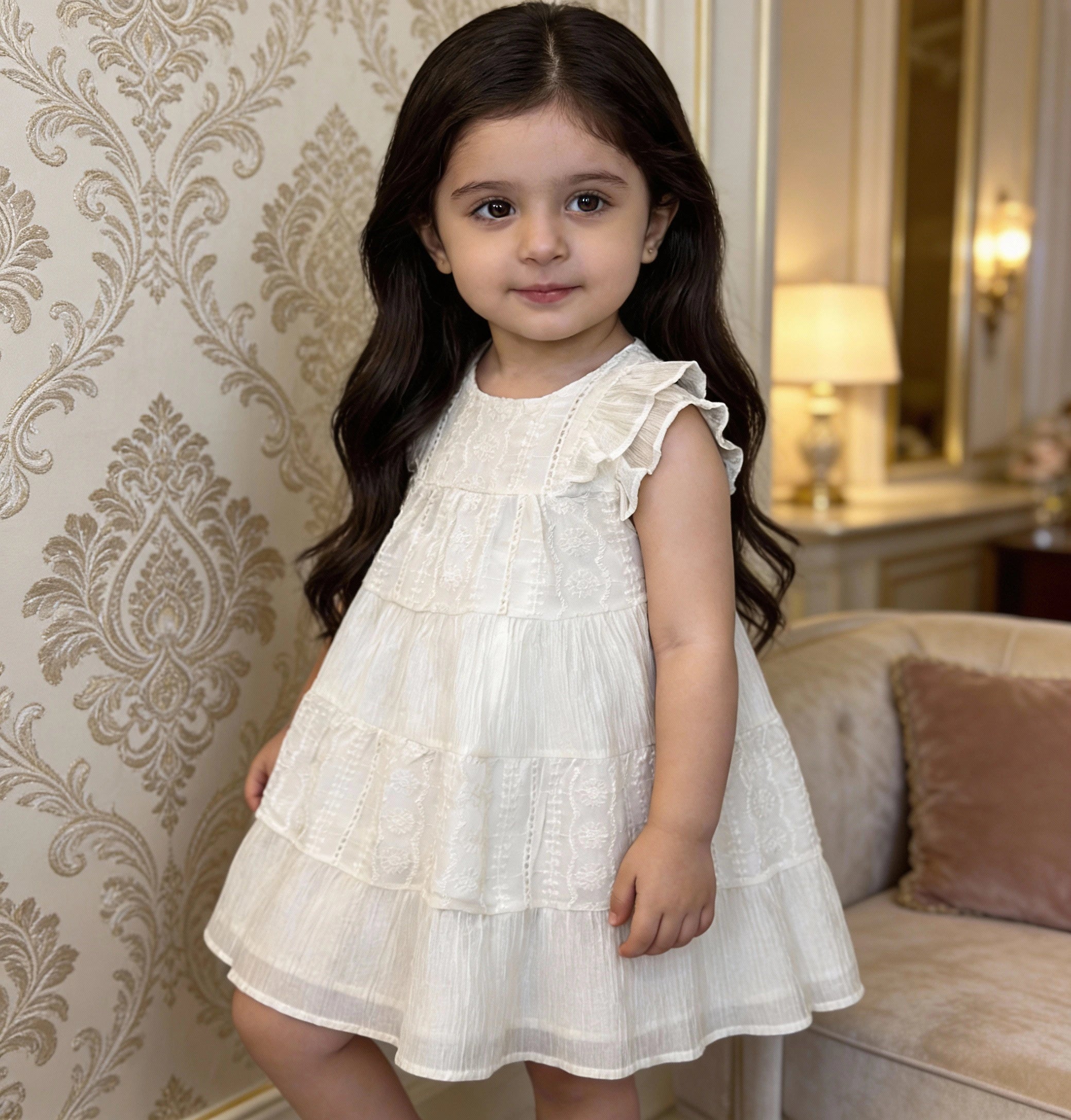 Elegant White Embroidered Tiered Sun Dress