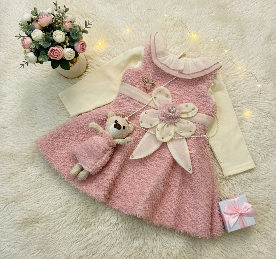Designer Teddy Chic: Bouclé Dress, Blouse & Legging Trio Set