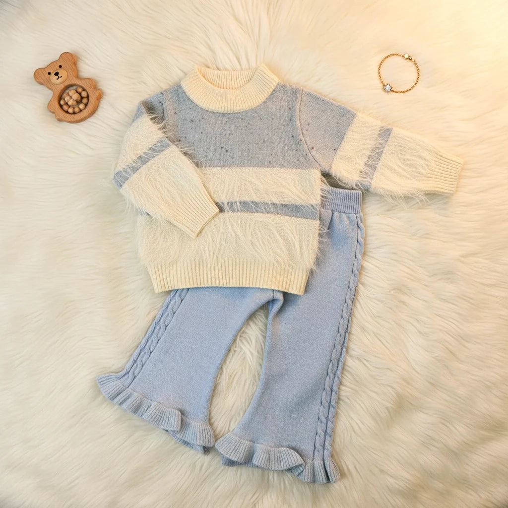 Soft Blue and Cream - Knit Faux Fur Set