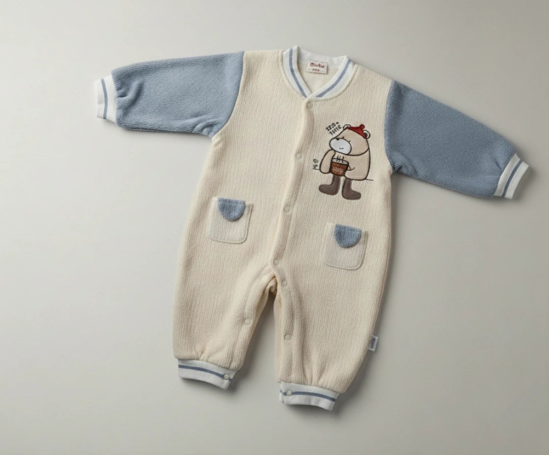 Cute Bear Beige & Blue Imported Baby Romper-Soft Wool Fabric
