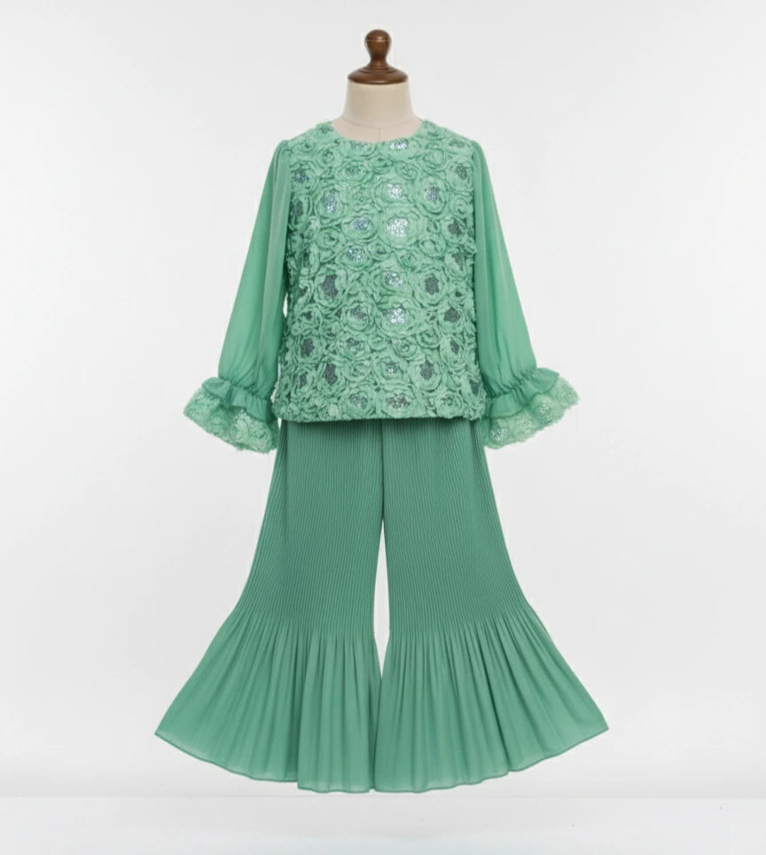 Couture Mint Bloom: Rosette Embellished Top & Fluid Pleated Palazzo Set
