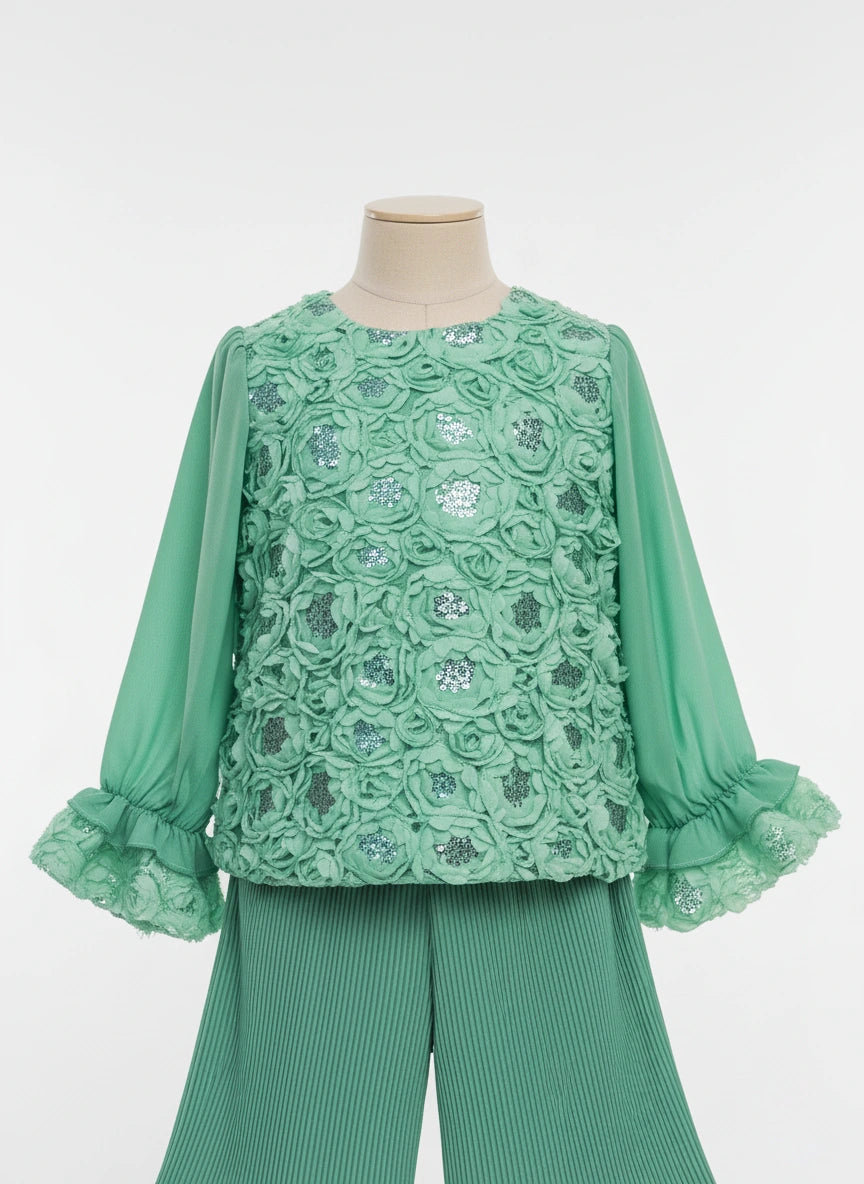 Couture Mint Bloom: Rosette Embellished Top & Fluid Pleated Palazzo Set