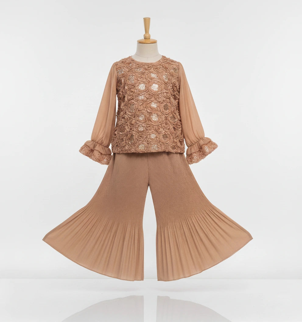 Couture Rose Petal Perfection: Rosette Embellished Top & Fluid Pleated Palazzo Set