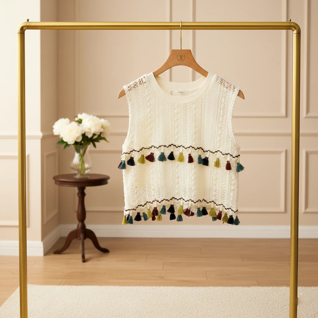 Boho Lace Tassel Top & Khaki Bloomers Set