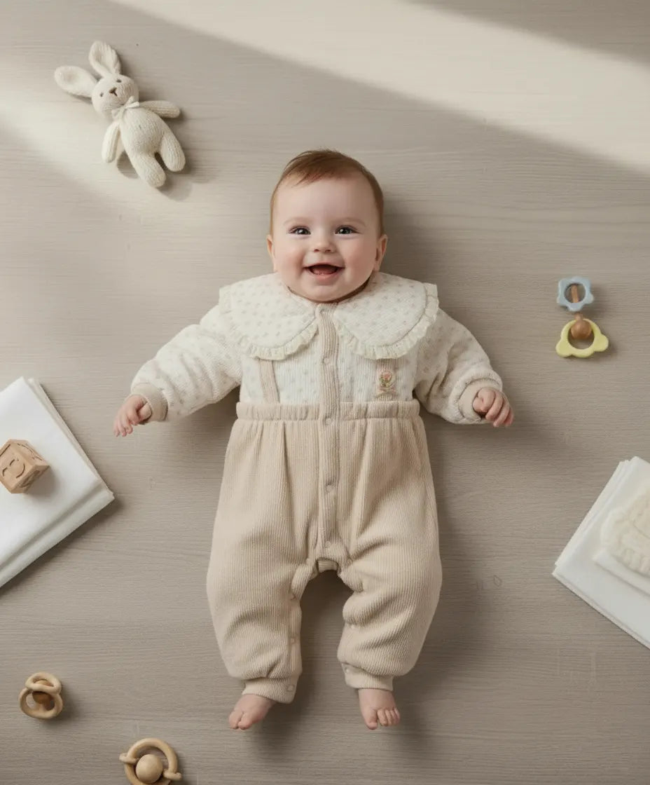 Girl's Adorable Ruffled Cream & Beige Imported Baby Romper