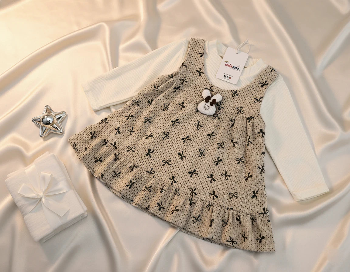 Imported Two-in-One Frock with Attached Ribbed Top - Bear Appliqué & Bow