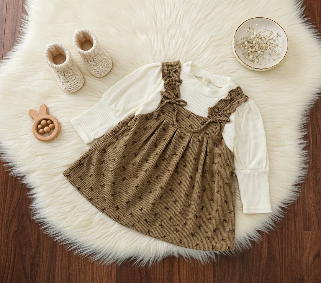 Imported Two-in-One Corduroy Jumper Dress with Ruffle Straps - Brown Bow
