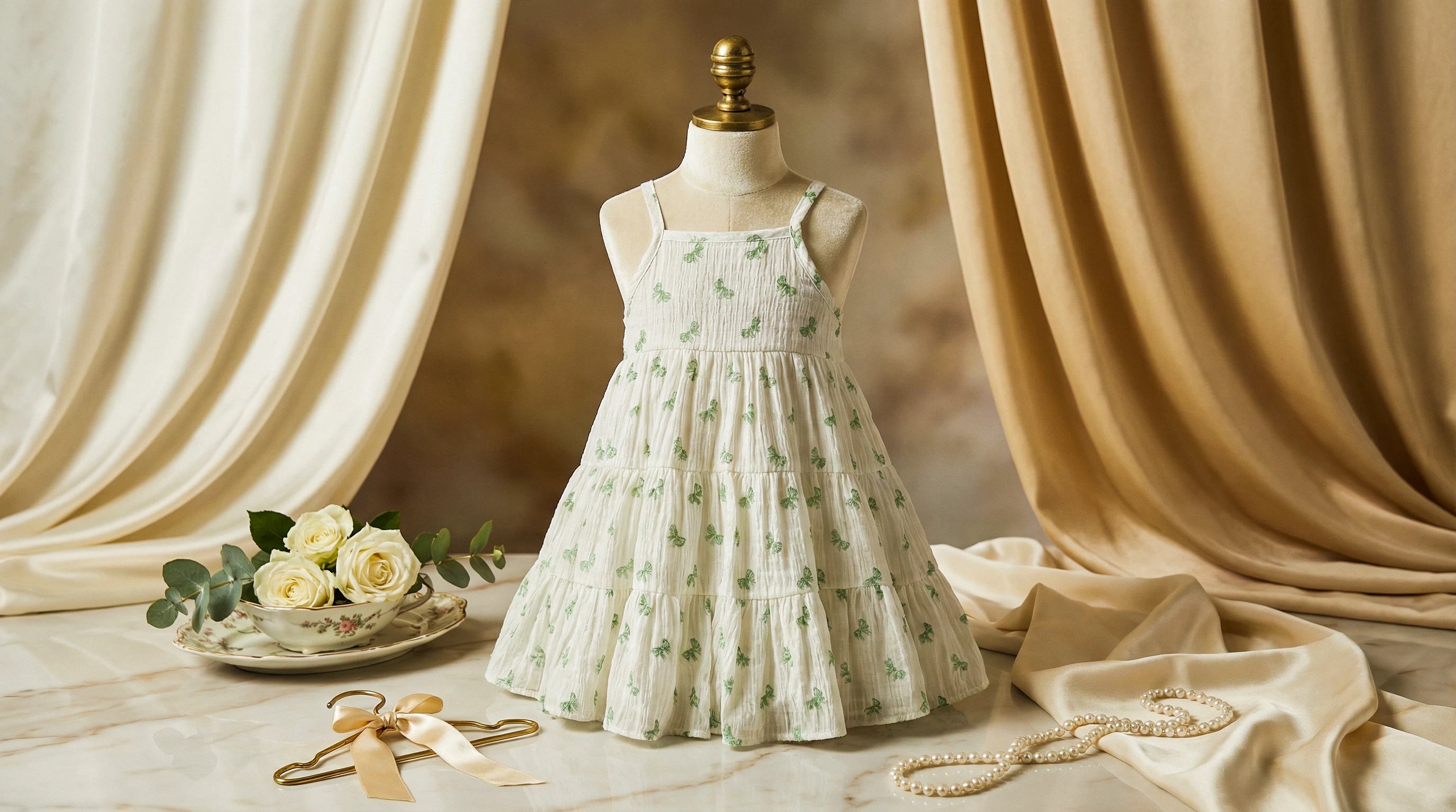 Luxury Imported Denim Vest & Green Bow-Print Tiered Dress Set