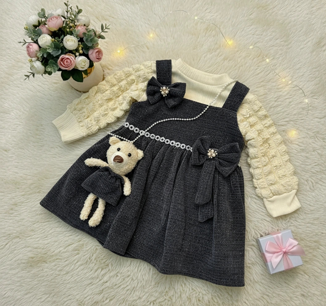 Sophisticated Charcoal Teddy: Sparkle Dress, Textured Blouse & Legging Trio Set