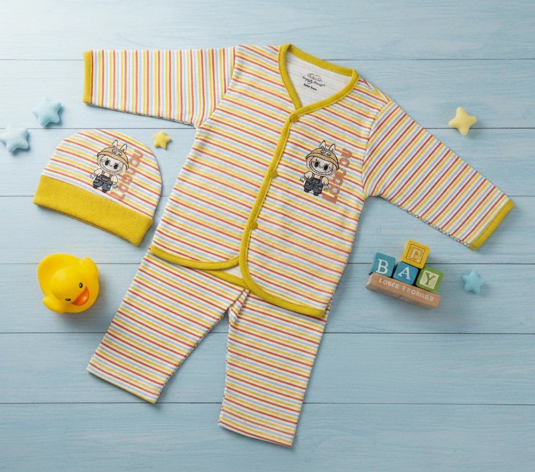 "Labubu" Print Imported Cotton Yellow Striped Baby Outfit Set with Cap.