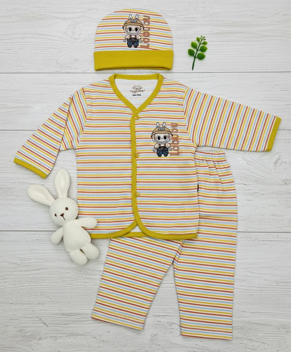 "Labubu" Print Imported Cotton Yellow Striped Baby Outfit Set with Cap.