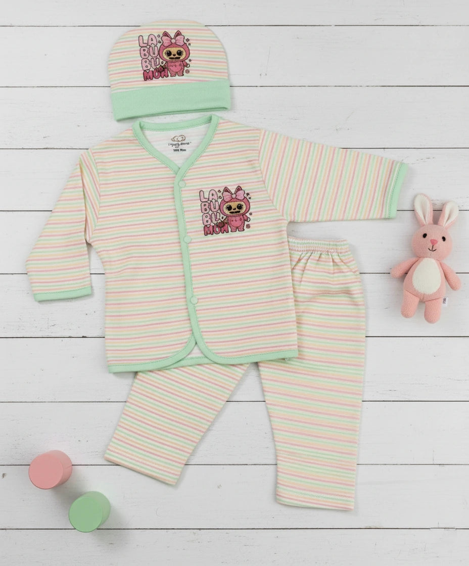 "Labobo MoM" Print Imported Cotton Light Green Striped Baby Outfit Set with Cap.