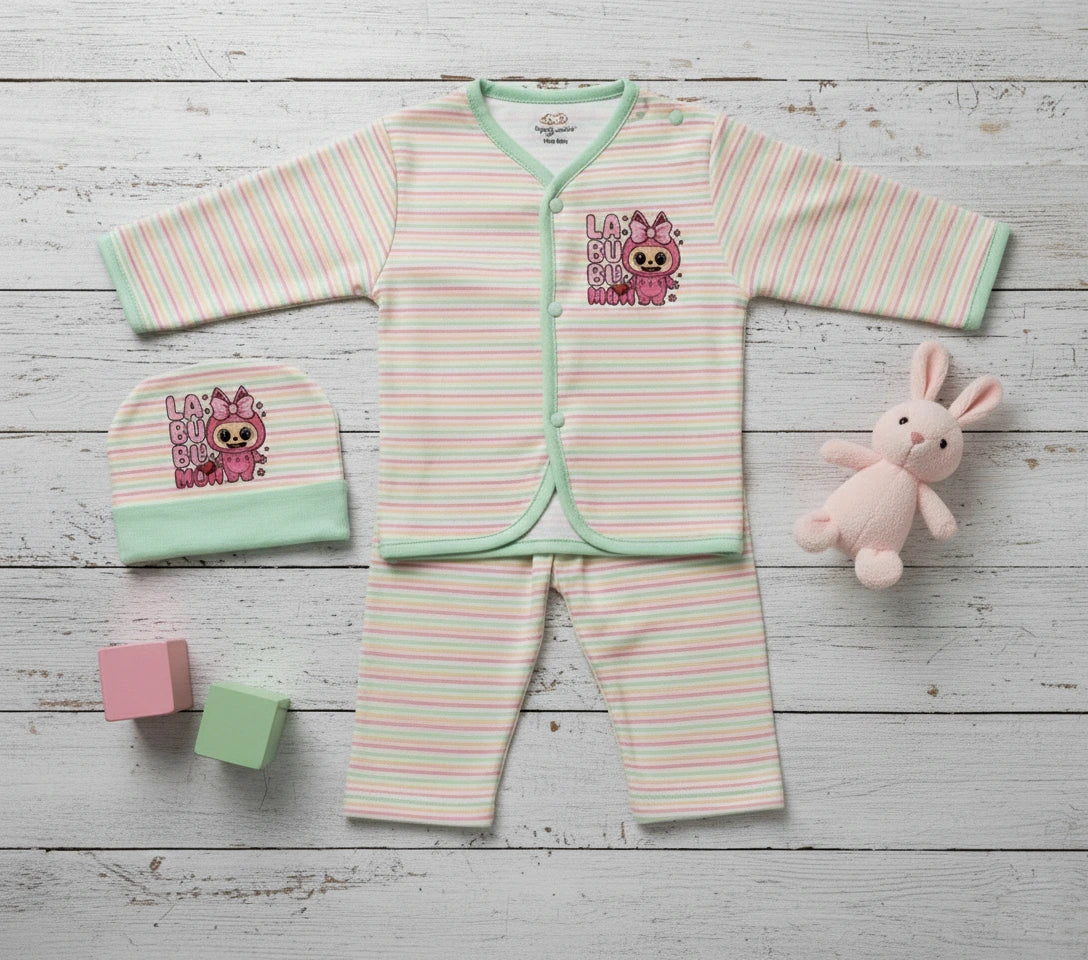 "Labobo MoM" Print Imported Cotton Light Green Striped Baby Outfit Set with Cap.