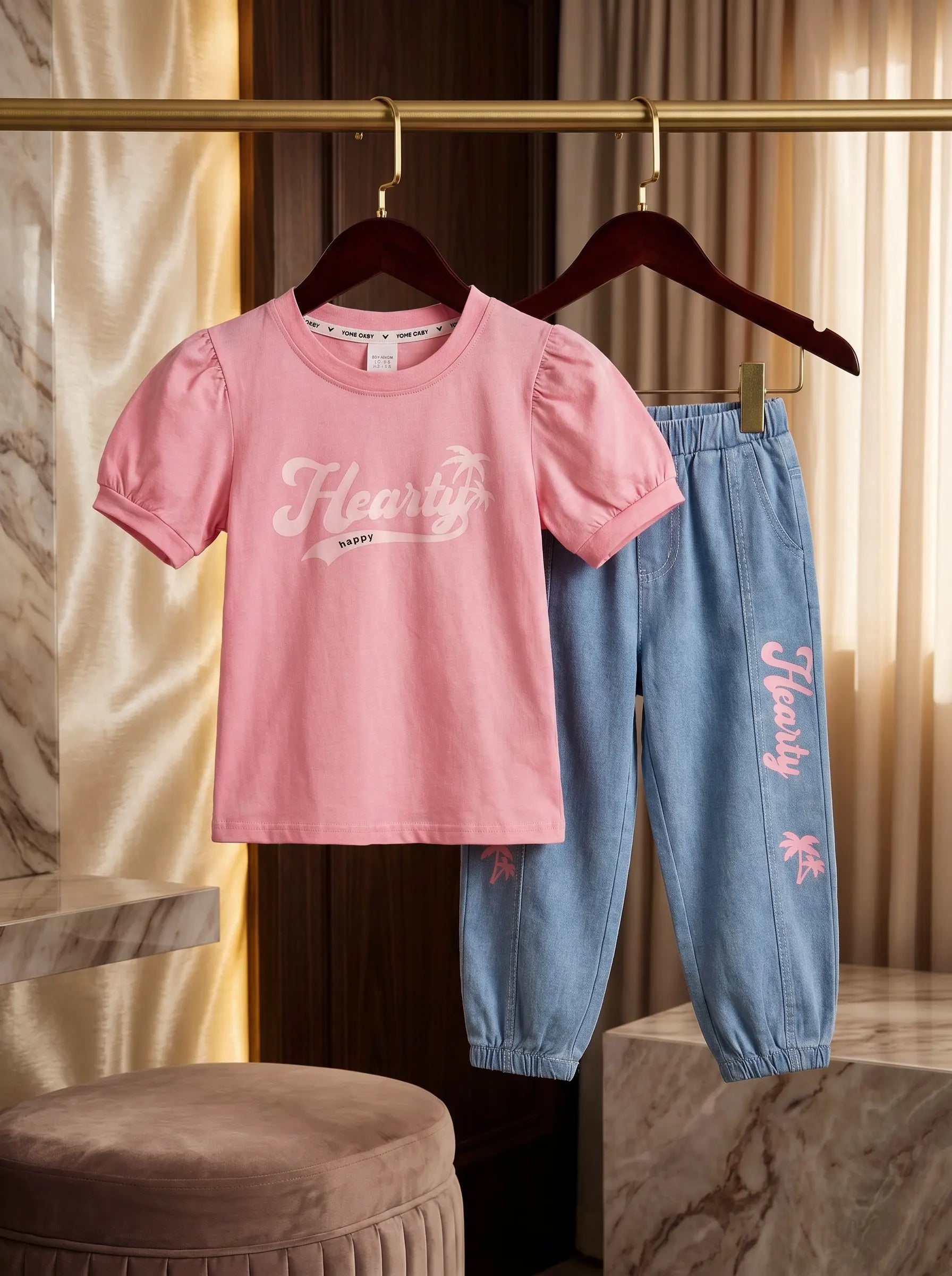 Hearty Pink Puff-Sleeve Tee & Denim Jogger Set