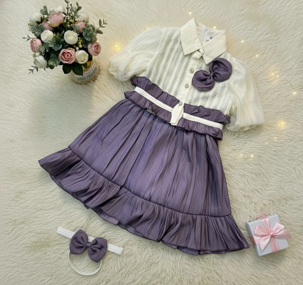 Luxury Lavender Ruffle: Bow Dress, Headband & Legging Trio Set