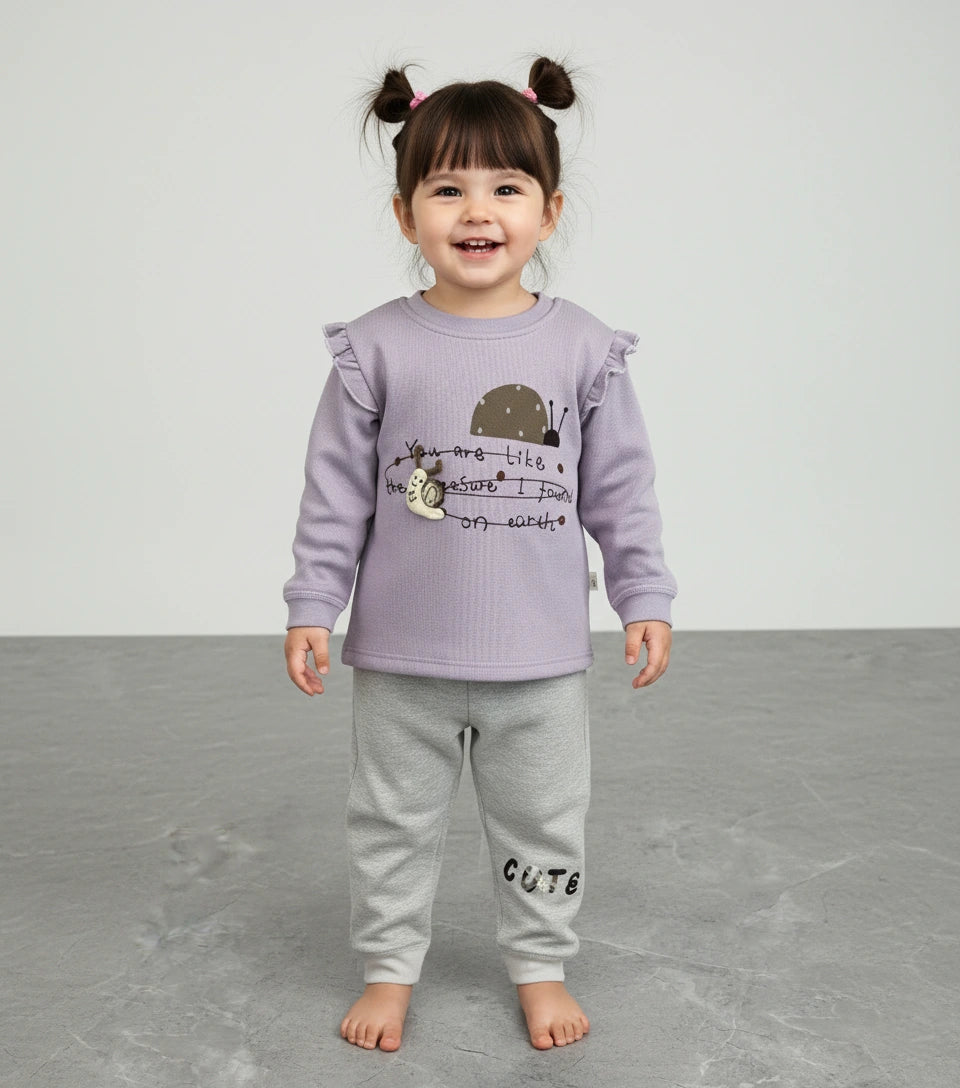 Luxury Fleece Ruffle Sweatsuit - Lilac Snail Graphic Top & Heather Grey Joggers