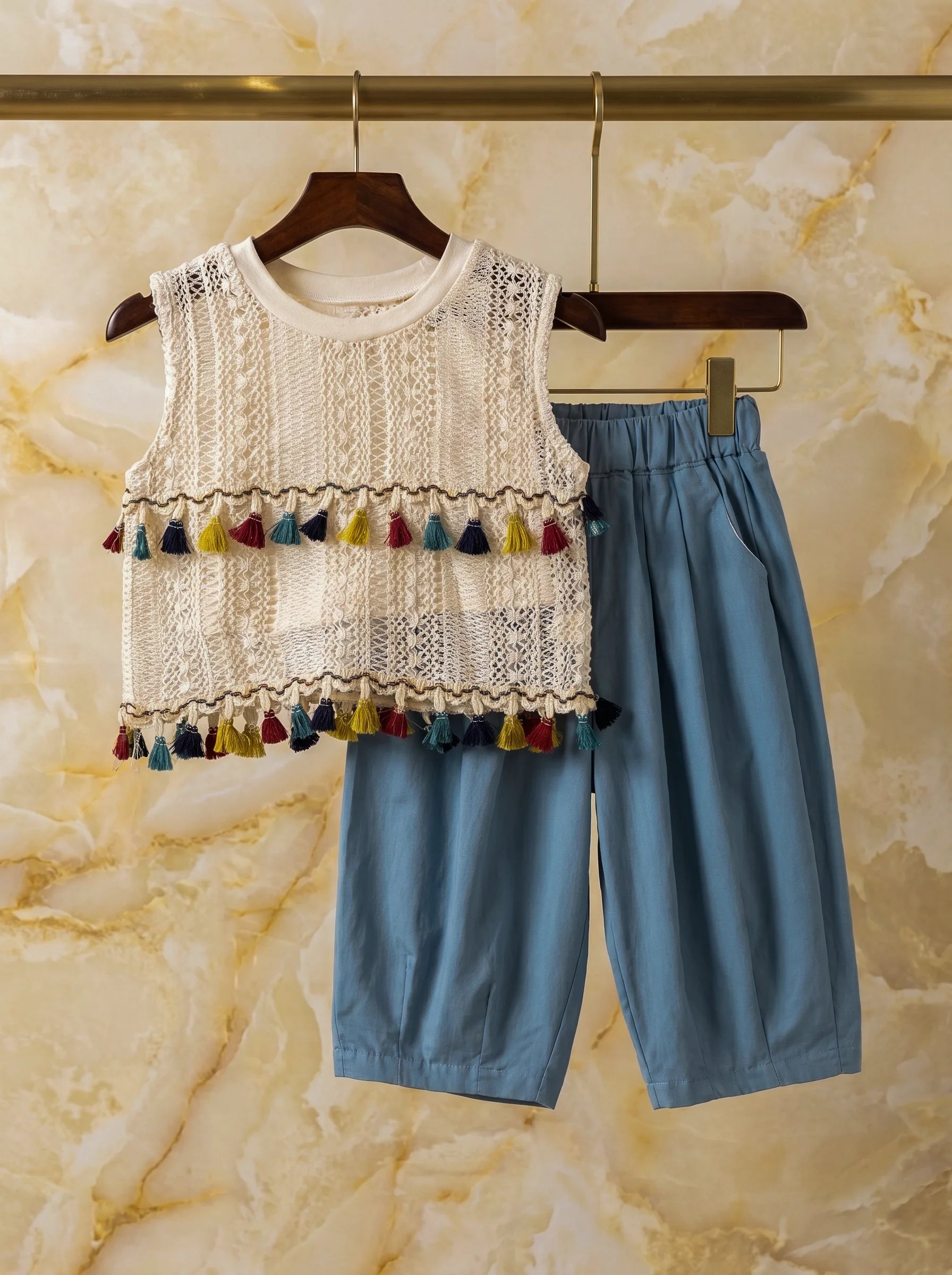 Imported Boho Lace Tassel Top & Blue Bloomers Set