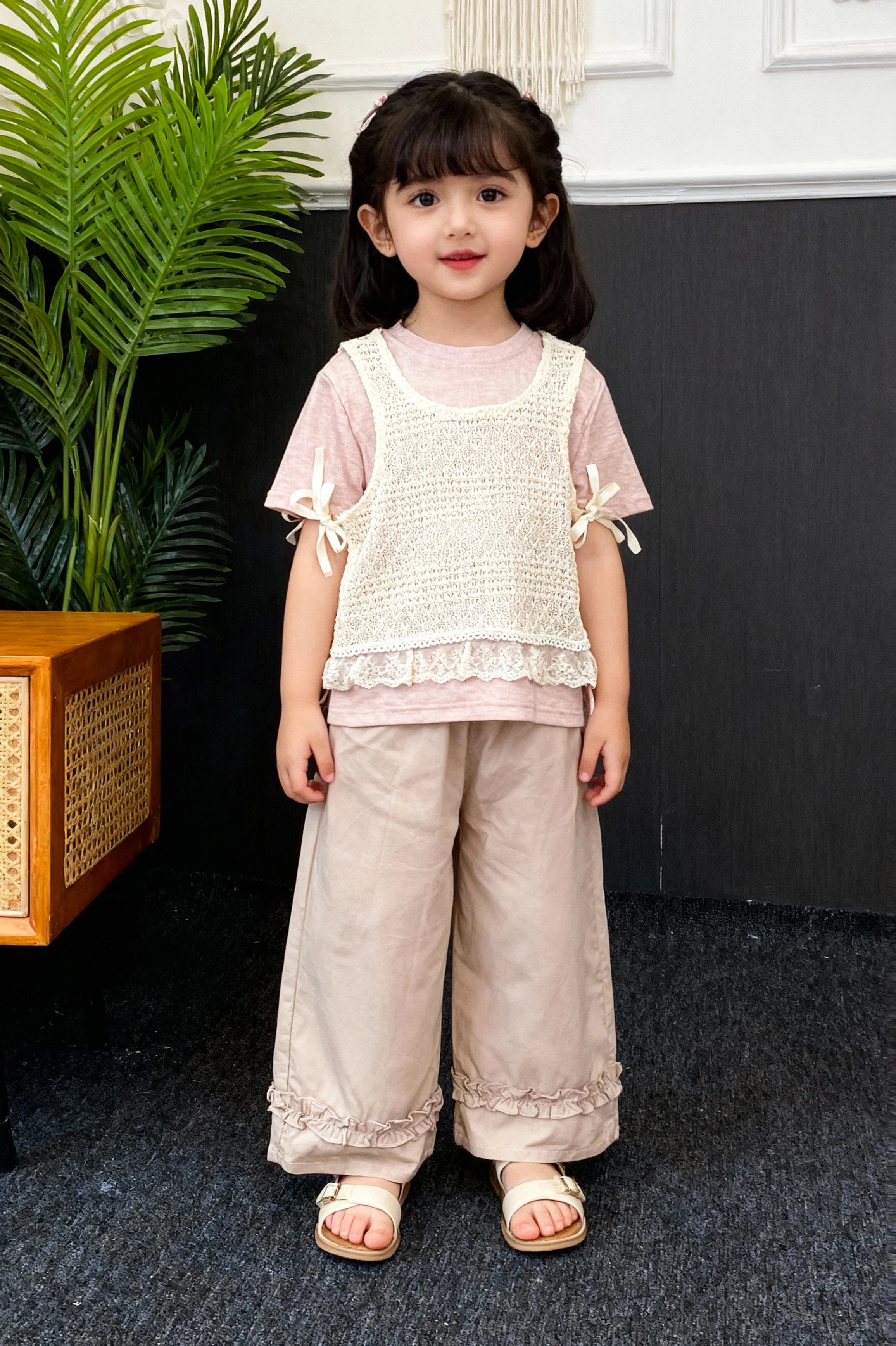 Three-Piece Knit Tee & Lace Vest Set with Ruffled Trousers