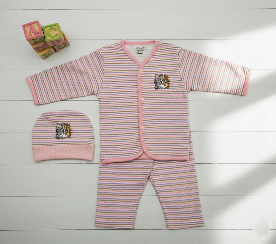 "Tom & Jerry" Print Imported Cotton Purple Striped Baby Outfit Set with Cap.