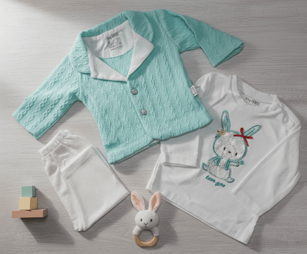 3-Piece Ultra Soft Waffle-Knit Baby Sweater Set – Aqua & White