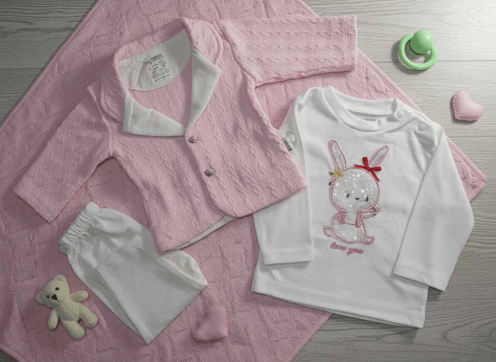3-Piece Ulta Soft Waffle-Knit Baby Sweater Set in Pink & White