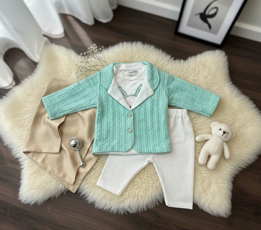 3-Piece Ultra Soft Waffle-Knit Baby Sweater Set – Aqua & White