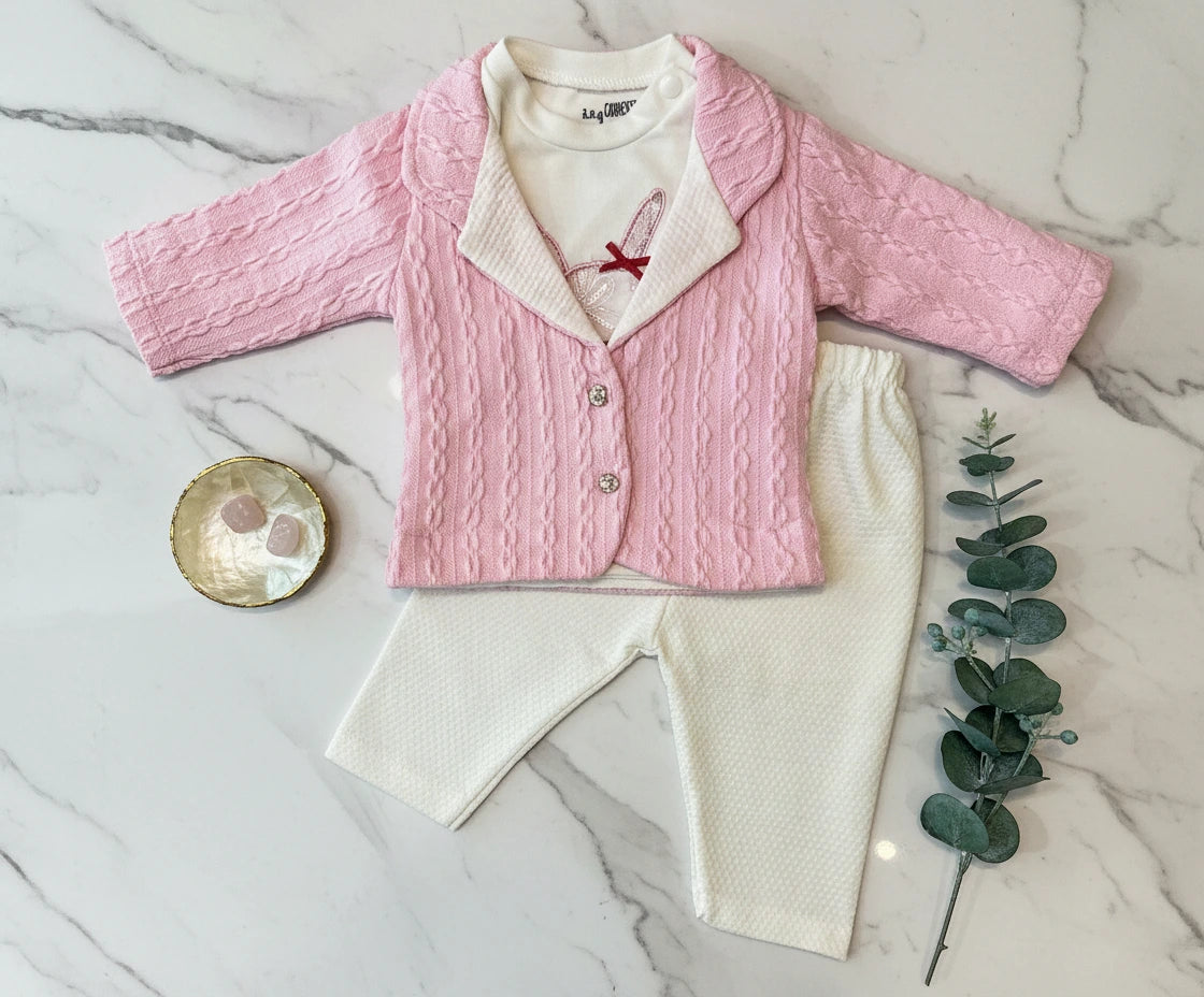 3-Piece Ulta Soft Waffle-Knit Baby Sweater Set in Pink & White