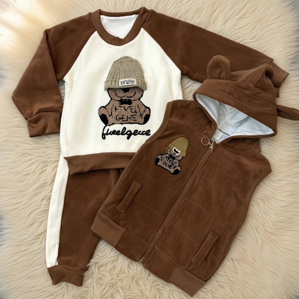 Opulent Teddy Bear Trio: Velvety Sweatshirt, Joggers & Hooded Vest Se