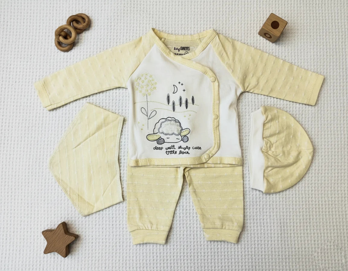 4 Pieces Lime Yellow Premium Soft Cotton Embroidered Baby Set