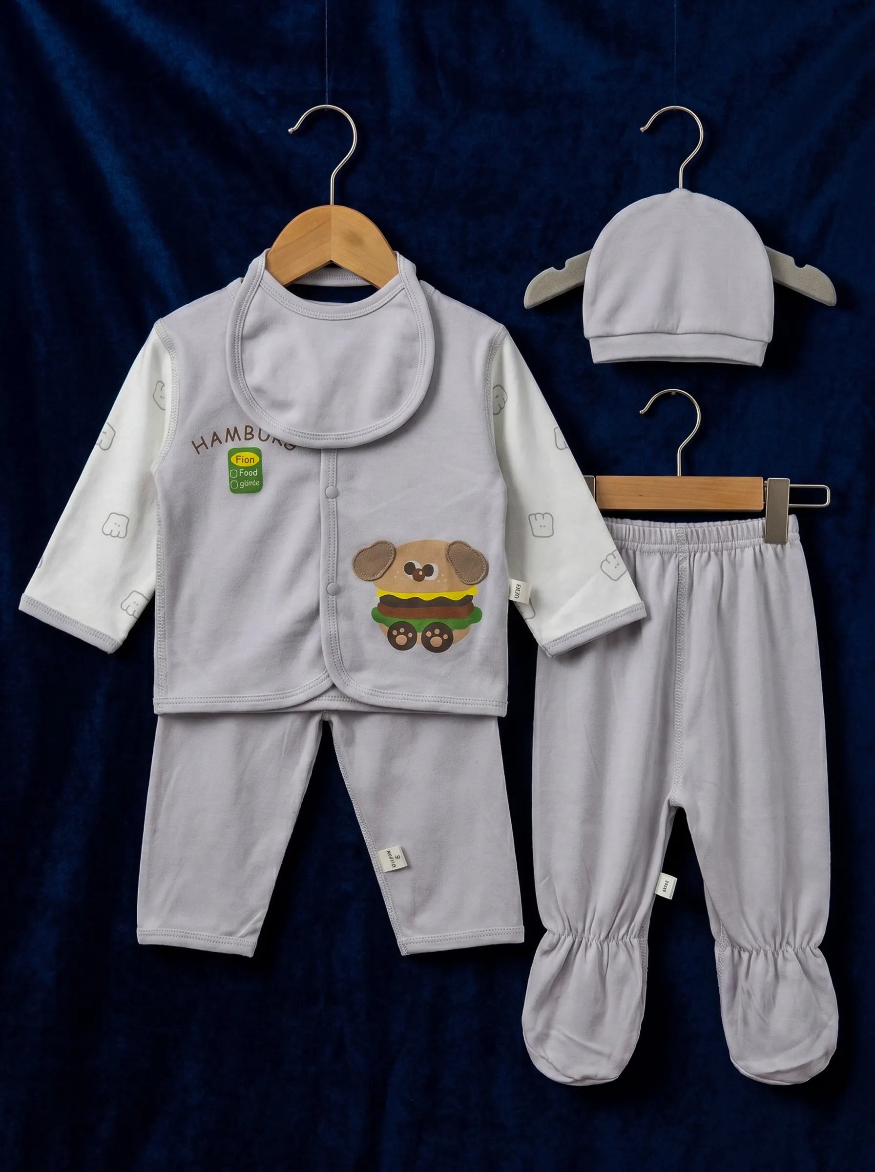 5 Pieces Silver Grey Imported Baby Set with Hamburger Dog Print