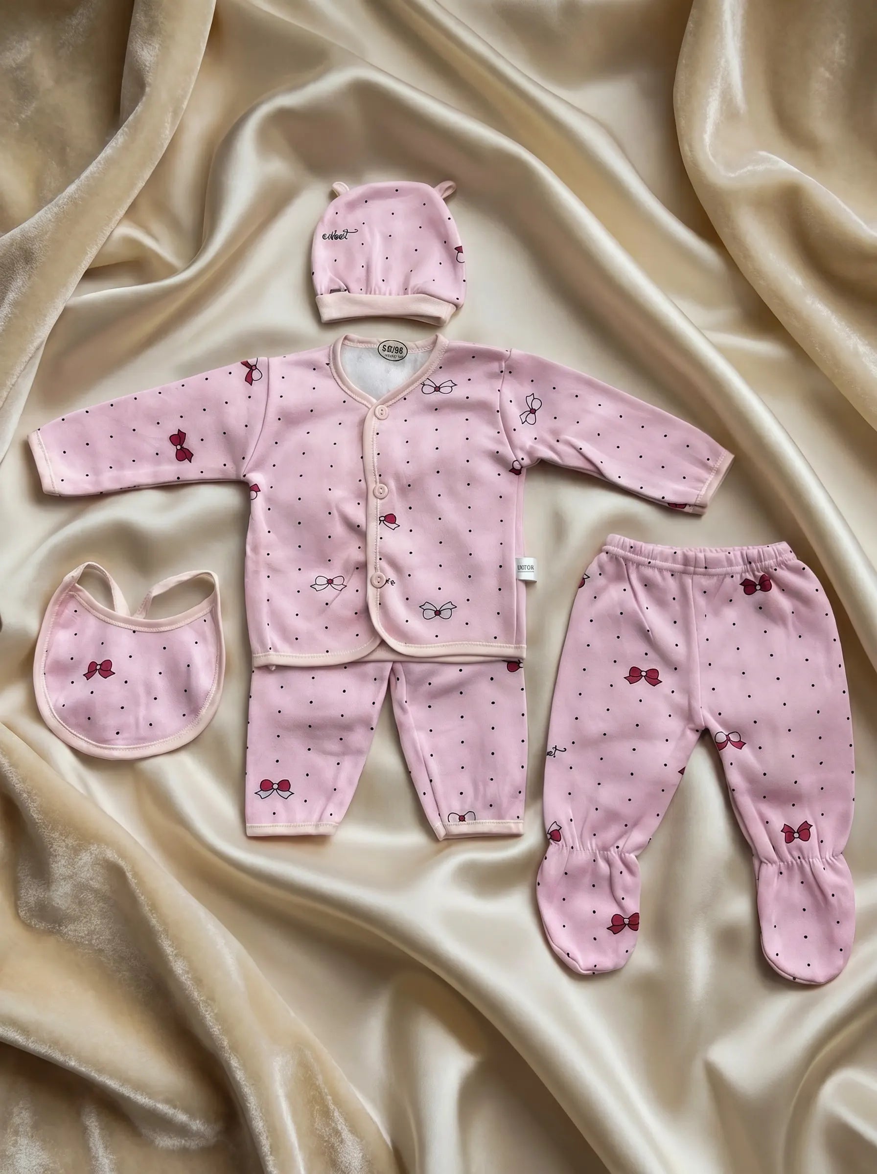 5 Pieces Pink Polka Dot Baby Set - Ultra Soft and Breathable Cotton
