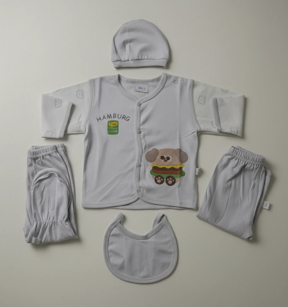 5 Pieces Silver Grey Imported Baby Set with Hamburger Dog Print