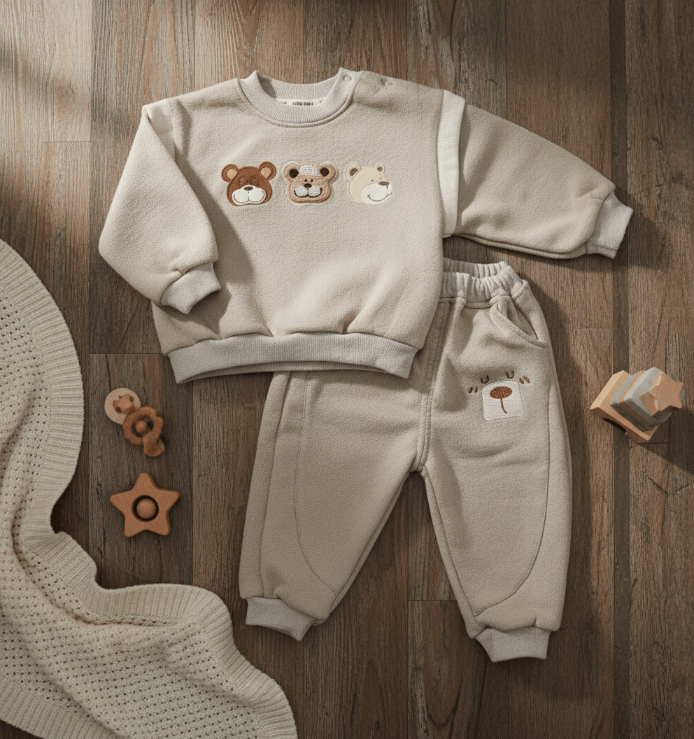 Beige Bear Embroidery Imported Fleece Sweatshirt & Pants Set