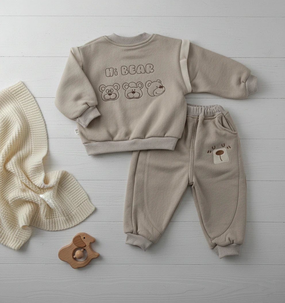Beige Bear Embroidery Imported Fleece Sweatshirt & Pants Set