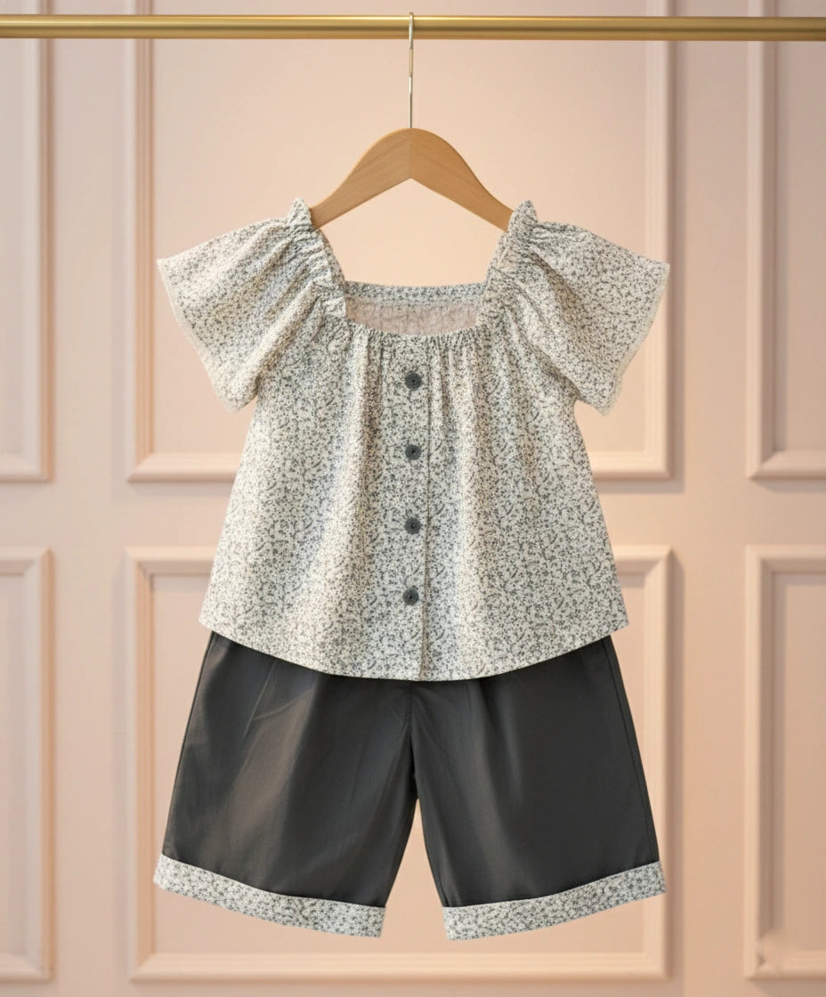 Floral Button-Down Blouse & Charcoal Shorts Set
